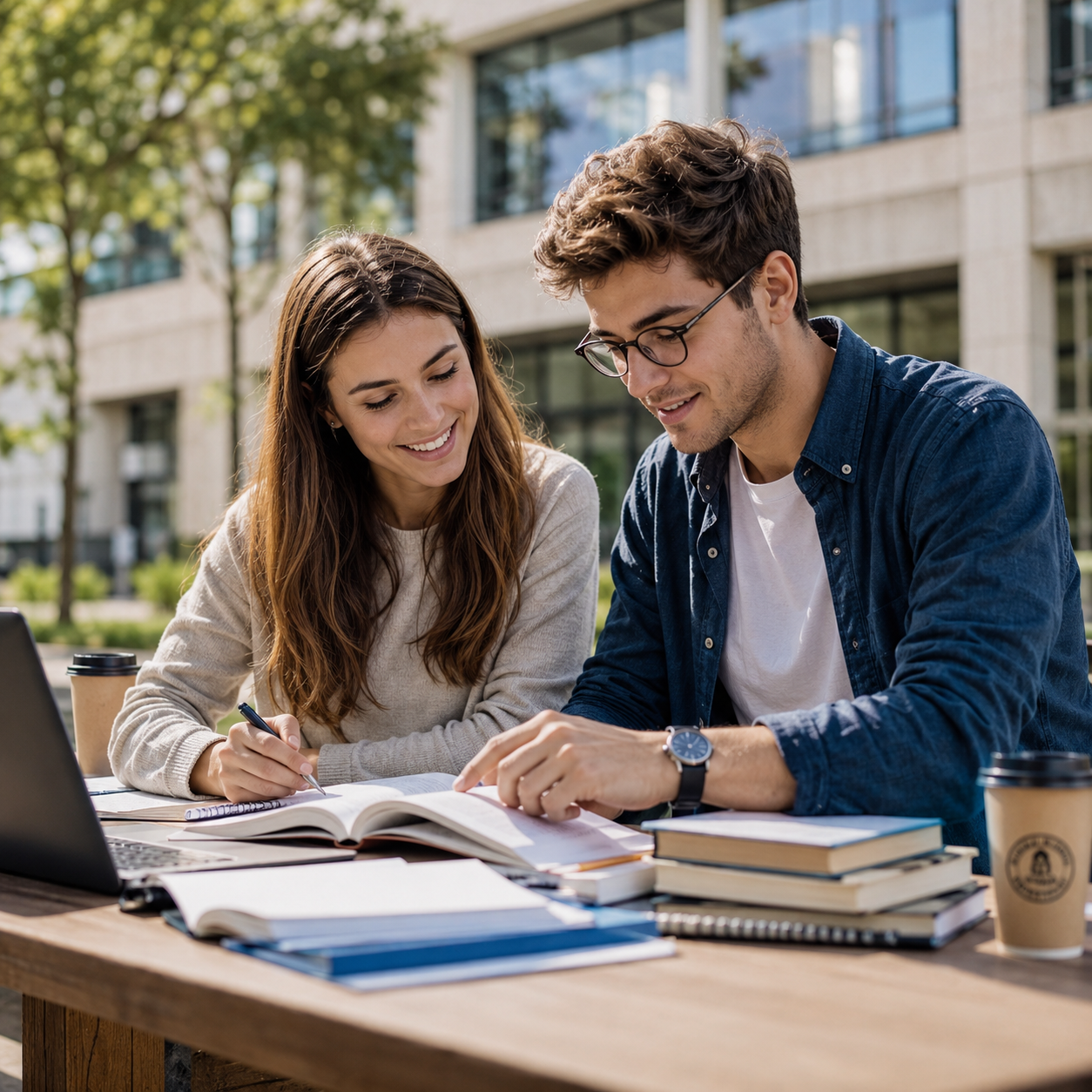 coppia di futuri professori che sta studiando insieme in un campus universitario